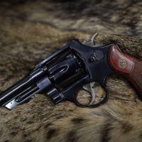 A black revolver with a wooden grip resting on a brown and black fur surface.